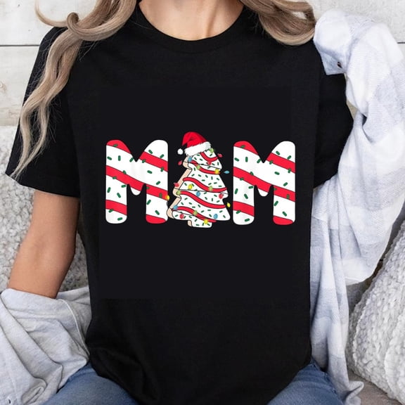100% Cotton Christmas Mom T-Shirt With Candy Cane Pattern And Tree Design For Holiday Season Women's Casual Top