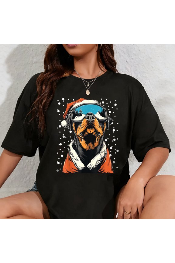 100% Cotton Christmas Rottweiler in Ski Goggles Funny Santa Dog Skier T-Shirt