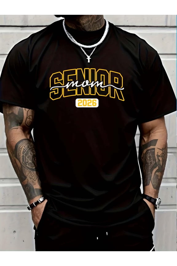 100% Cotton Class of 2026 Senior Mom High School Graduation Black Gold T-Shirt Graphic T-shirts for men and women