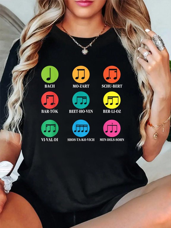 Classical Composers Classical Music Sheet Music T-Shirt Women's Men's Graphic Tee Casual Tops