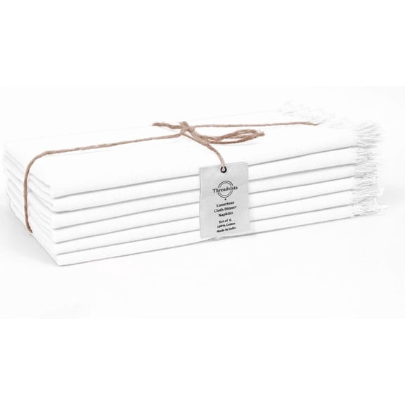 100% Cotton Cloth Dinner Napkins Fringes Set of 6 - Perfect for Dining Special Occasions Wedding Holidays Easter Christmas - Soft Durable Washable - Elegant Napkins Large 20x20 White