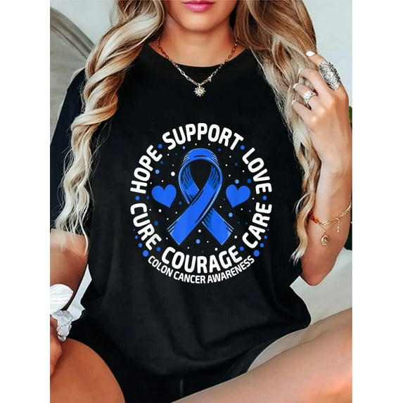 100% Cotton Colorectal Cancer Family Support Blue Colon Cancer Awareness T-Shirt