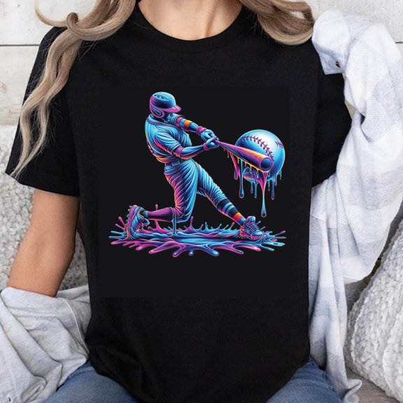 100% Cotton Colorful Baseball Player Hitting Ball T-Shirt