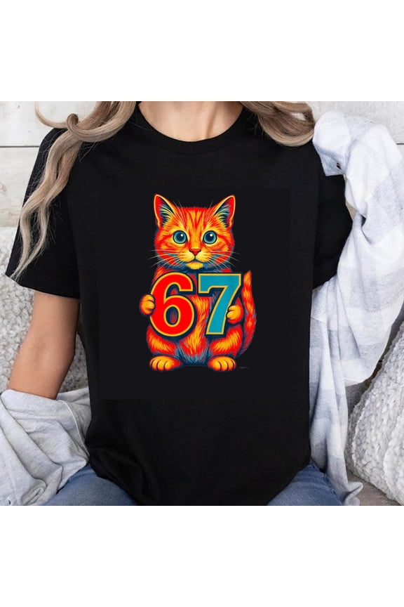 100% Cotton Colorful Cat Holding Number 67 Graphic Design Fun Animal Print Unisex Casual Wear T-Shirt