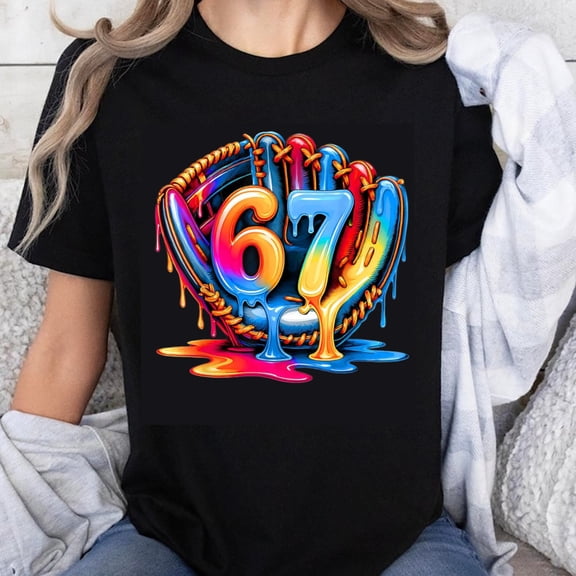 100% Cotton Colorful Dripping Baseball Glove Numbers T-Shirt