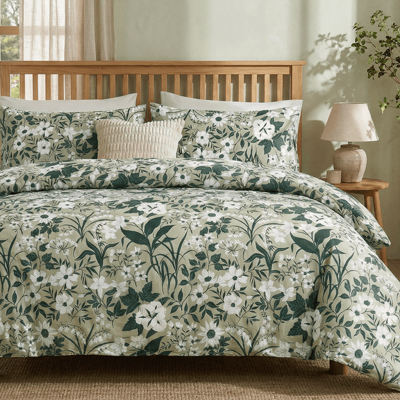 100% Cotton Comforter Sage Green Floral Bedding Set Reversible Botanical Comforter Set 3 Pcs Cottagecore Aesthetic Soft Bedding Sets for All Season