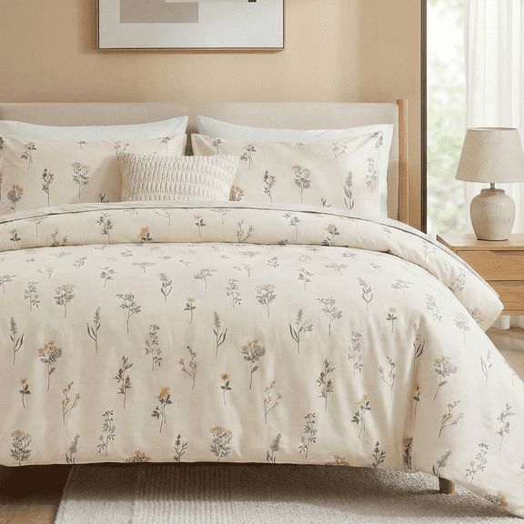 100% Cotton Comforter Set Cute Floral Bedding Comforter Sets 3 Pieces Chic Garden Printed Comforter Sets Breathable Soft Reversible Botanical Comforter(Floral, King)