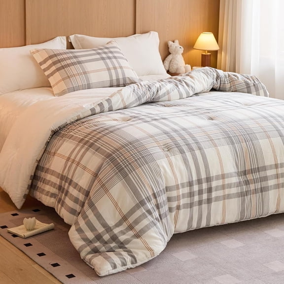 100% Cotton Comforter Set King Size Reversible Yarn-Dyed Checkered Design, Soft Washed Cotton on Both Sides, Lightweight All-Season Bedding, Machine Washable(Grey White Plaid, 104x90)