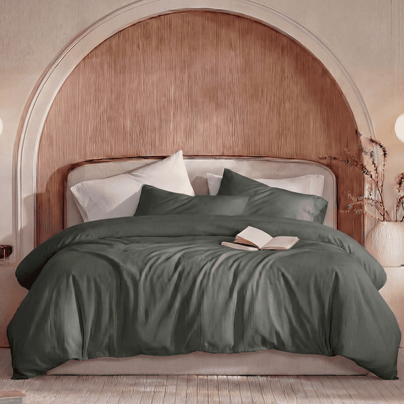 100% Cotton Comforter Set – Olive Green, Linen-Like Texture, Super Soft & Breathable Lightweight Bedding Set, 3-Piece Durable Percale Comforter for All Seasons