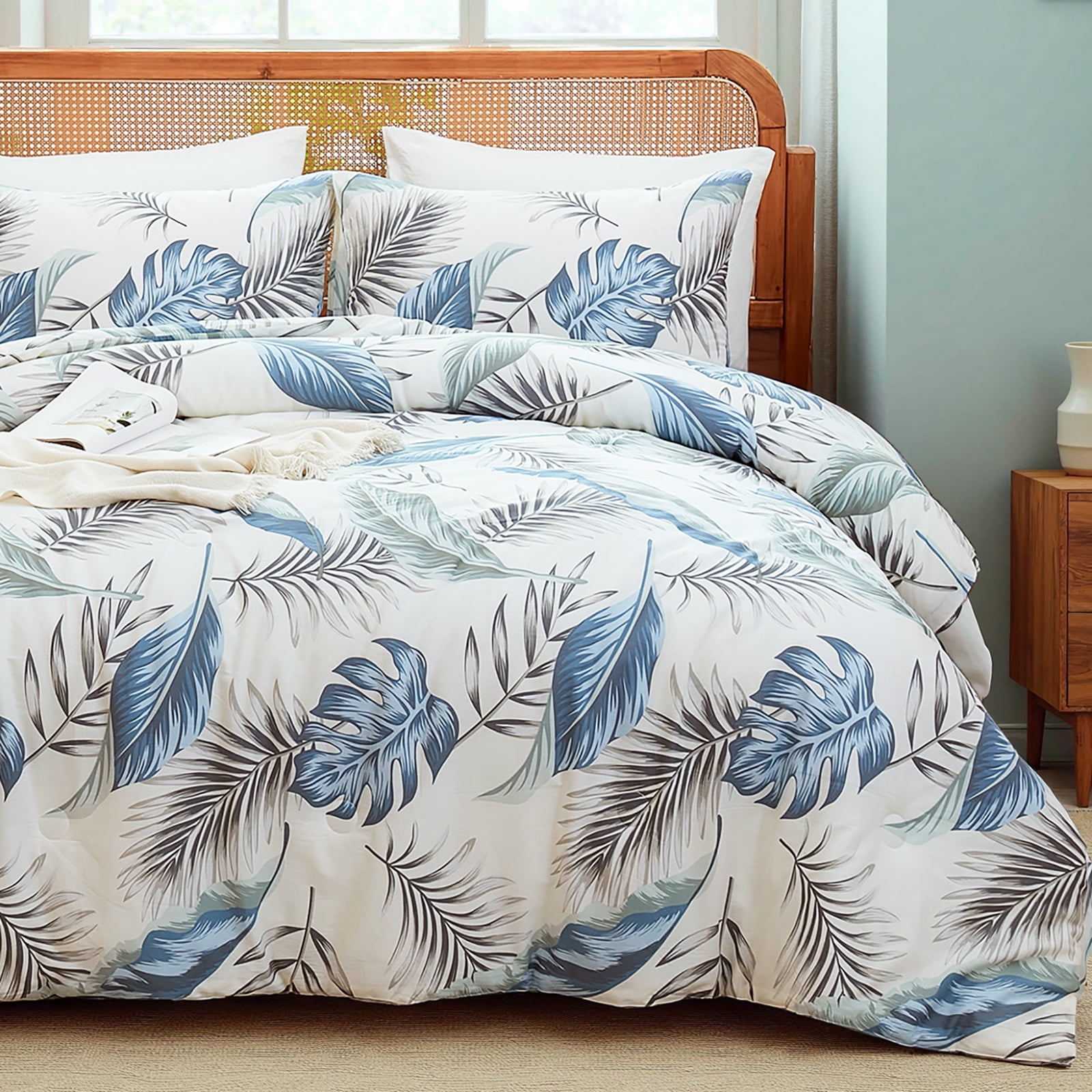 100% Cotton Comforter Set Queen Size, Botanical Floral Comforter with 2 Pillowcases, Vintage Garden Flowers Pattern, Soft Breathable Bedding for All Seasons