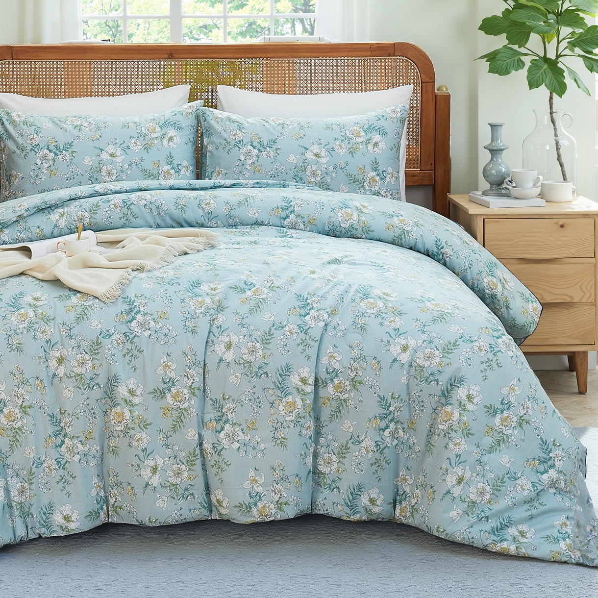 100% Cotton Comforter Set Queen Size, Botanical Floral Comforter with 2 Pillowcases, Vintage Garden Flowers Pattern, Soft Breathable Bedding for All Seasons