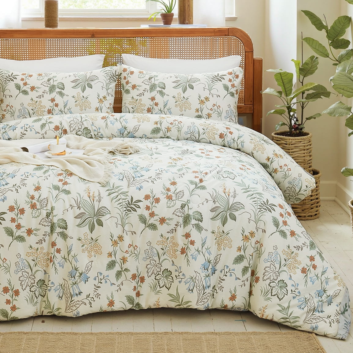 100% Cotton Comforter Set Queen Size, Botanical Floral Comforter with 2 Pillowcases, Vintage Garden Flowers Pattern, Soft Breathable Bedding for All Seasons
