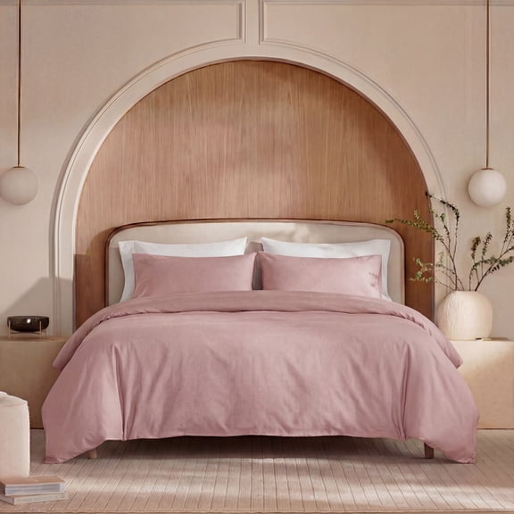 100% Cotton Comforter Set – Red Pink, Linen-Like Texture, Super Soft & Breathable Lightweight Bedding Set, 3-Piece Durable Percale Comforter for All Seasons