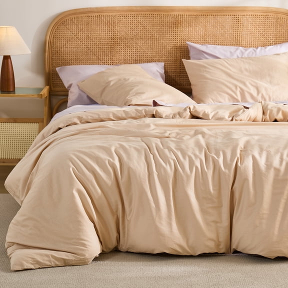 100% Cotton Comforter Set – Sandy Beige, Linen-Like Texture, Super Soft & Breathable Lightweight Bedding Set, 3-Piece Durable Percale Comforter for All Seasons