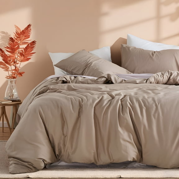 100% Cotton Comforter Set – Taupe, Linen-Like Texture, Super Soft & Breathable Lightweight Bedding Set, 3-Piece Durable Percale Comforter for All Seasons