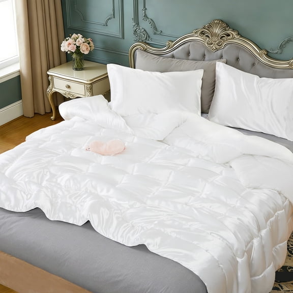 Silky Satin Comforter King Size, White Reversible Summer Cooling Blanket, Breathable Lightweight Feather Down Quilted Bedding Machine Washable for All Season