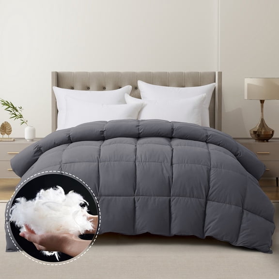 Goose Down Comforter, King Size Extra Fluffy Grey Duvet Insert, Ultra-Soft Breathable All Season Hotel Luxury Bedding, Down Proof Fabric, Plush Comfort
