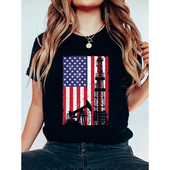 100% Cotton Cool Oil Rig For Men Women Roughneck Oil Field Trash US Flag T-Shirt Women's Men's Graphic Tee Casual Tops