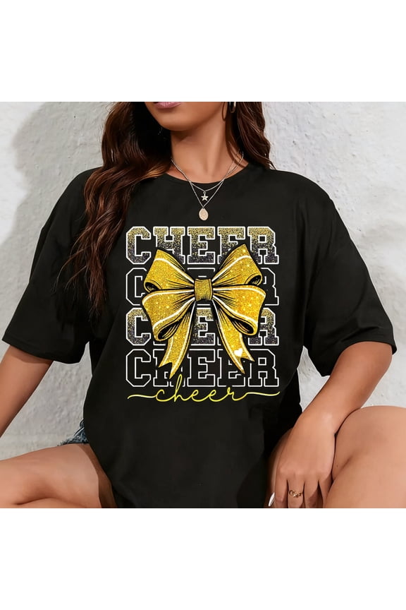 100% Cotton Coquette Cheer Bow Team Cheerleader Gold Cheerleading Yellow T-Shirt