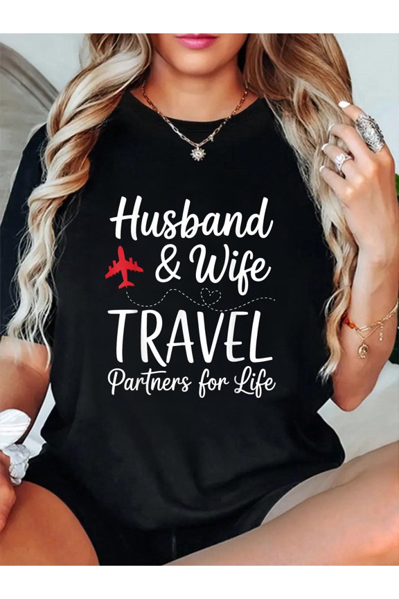 100% Cotton Couple Matching Husband and Wife Travel Partners for Life T-Shirt Women's Men's Graphic Tee Casual Tops