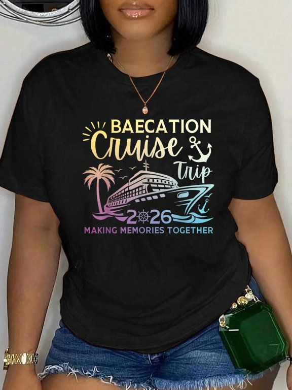 Couples Cruise Matching Squad Baecation Cruise Trip 2026 T-Shirt Women's Graphic Tee Casual Tops