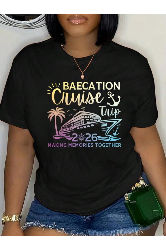 Couples Cruise Matching Squad Baecation Cruise Trip 2026 T-Shirt Women's Graphic Tee Casual Tops