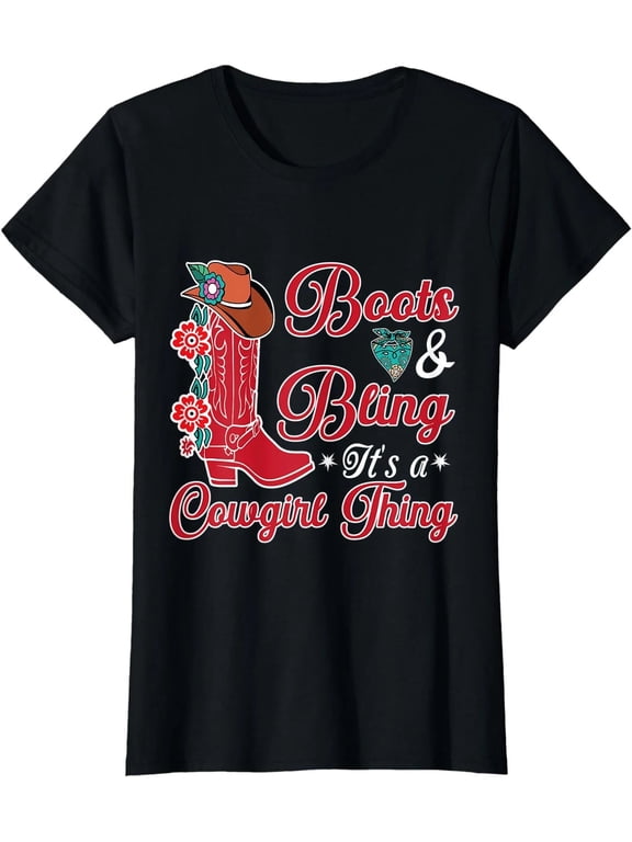 100% Cotton Cowgirl Boots Bling Graphic T-Shirt, Southern Western Country Girl Music Casual Tee, Retro Style Short Sleeve Unisex Shirt for Adult Men and Women