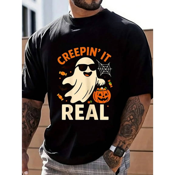 100% Cotton Creepin It Real Funny Cool Ghost Halloween Design T-Shirt Street Hip-Hop Style Men's T-Shirt