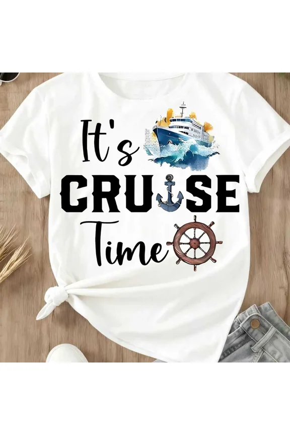 100% Cotton Its Cruise Time Ship Anchor And Wheel Print T Shirt White Casual Short Sleeve Women Summer Vacation Travel Outfit Golf Gift T-Shirt For Men and Women