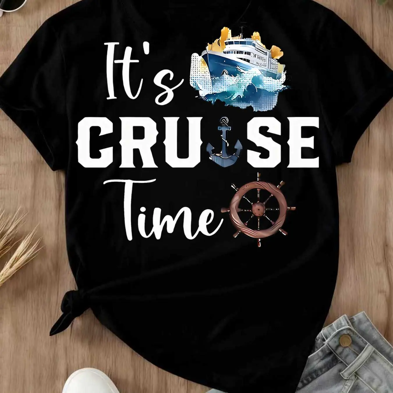 100% Cotton Its Cruise Time Ship Anchor And Wheel Print T Shirt White ...