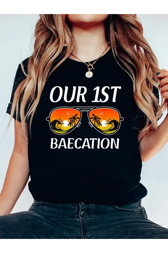 Cruise Vacation Matching Couple Our First Baecation 2026 T-Shirt Women's Men's Graphic Tee Casual Tops
