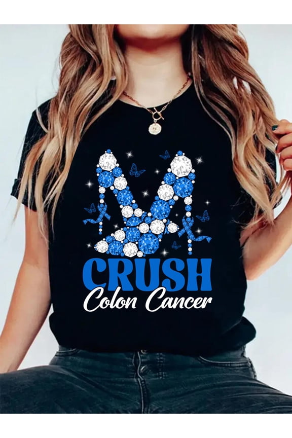 Crush Colon Cancer Awareness Dark Blue Ribbon High Heels T-Shirt Women's Men's Graphic Tee Casual Tops