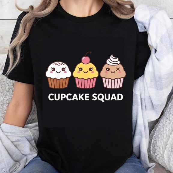 100% Cotton Cupcake Squad T-Shirt Cute Kawaii Cupcakes Design Fun Birthday Gift for Women and Girls Black Tee Shirt