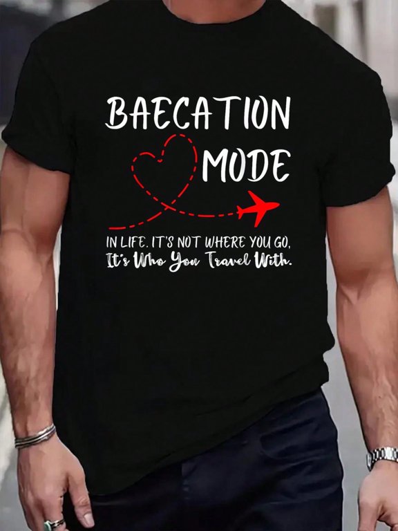 100% Cotton Cute Couples Trip Matching Vacation Baecation Mode-Vibes Tee T-Shirt Print T-Shirt Casual Crew Neck Short Sleeve Comfort Tee Top For Spring & Summer Men's Clothing