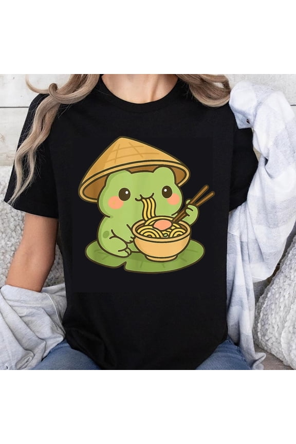 100% Cotton Cute Frog Eating Ramen Noodles Cartoon Animal T-Shirt Unisex Funny Food Lover Gift Top for Men Women Kids