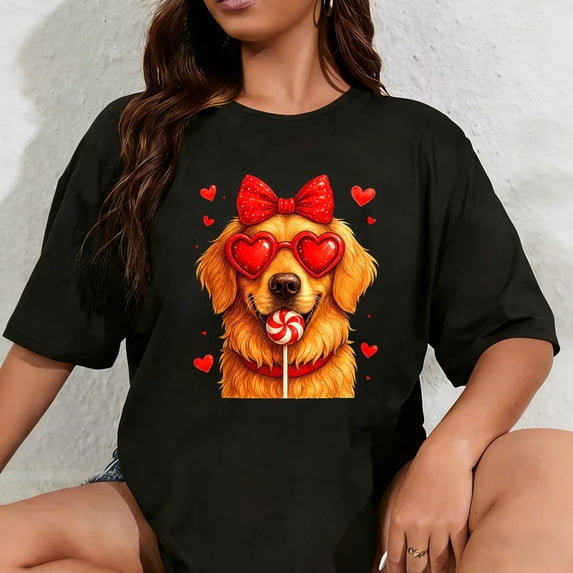100% Cotton Cute Golden Retriever Valentine Heart Candy Valentines Day T-Shirt