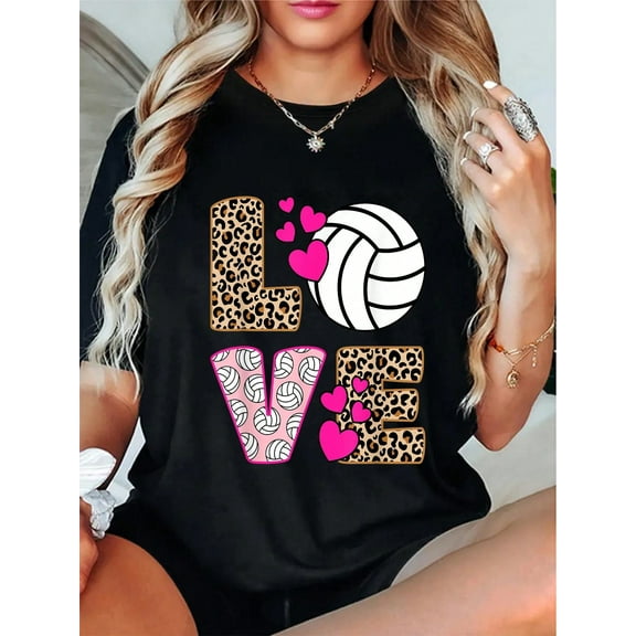 100% Cotton Cute Love Volleyball Leopard Print Women Ladies Volleyball T-Shirt