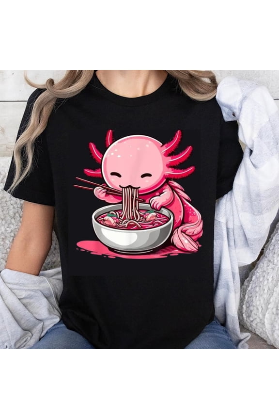 100% Cotton Cute Pink Axolotl Eating Ramen Noodles Cartoon Animal T-Shirt for Women Men Unisex Funny Food Lover Gift