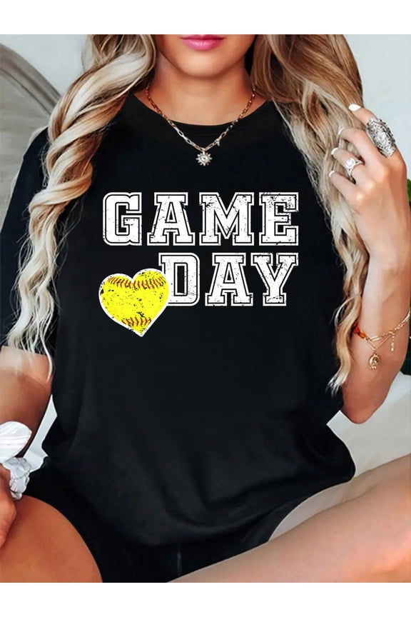 100% Cotton Cute Softball Mom Game Day Long Sleeve T-Shirt Print Round Neck Cotton T-Shirt, Summer Women's Tops, gift