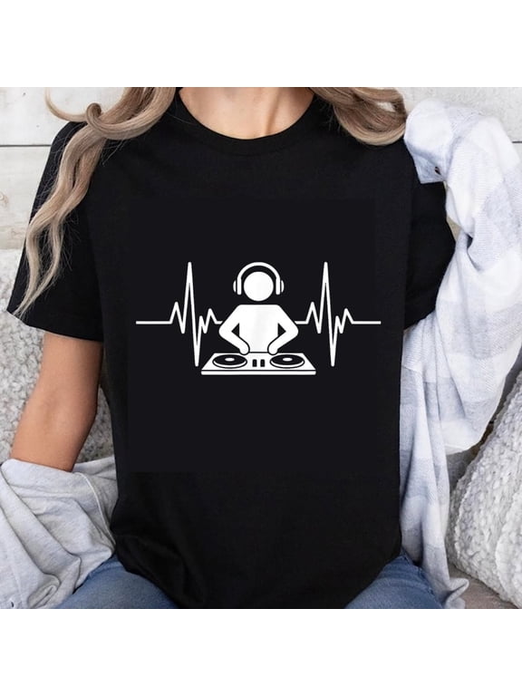 100% Cotton DJ Music Heartbeat T-Shirt for Men Women Unisex Black Graphic Tee Party Dance Club Wear Fashion Top