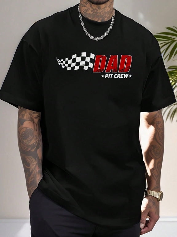 100% Cotton Dad Pit Crew Race Car Birthday Family Matching Pit Crew T-Shirt Print T-Shirt Casual Crew Neck Short Sleeve Comfort Tee Top For Spring & Summer Men's Clothing