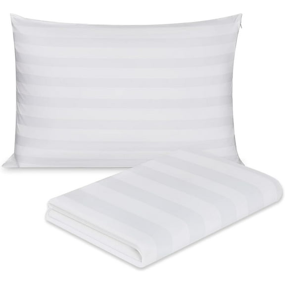 100% Cotton Damask Striped White Pillow Cover Protector 2 Pack, Standard Size 20x26 inch