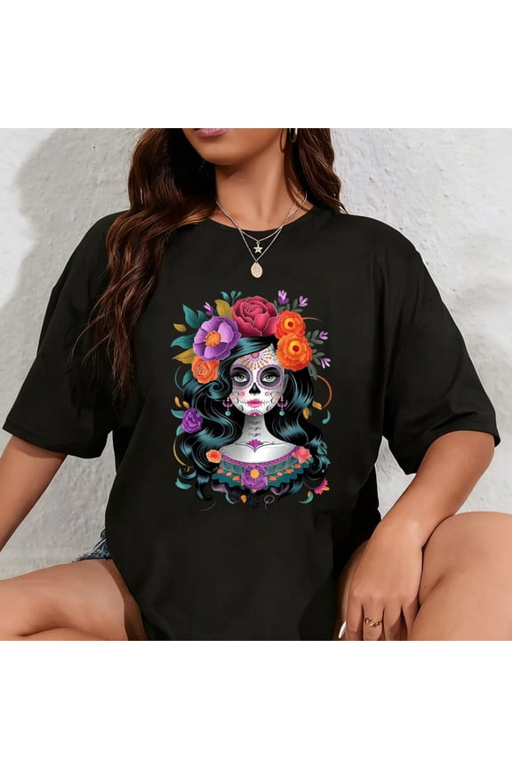 100% Cotton De Los Muertos La Catrina Day of the Dead Women Sugar Skull T-Shirt