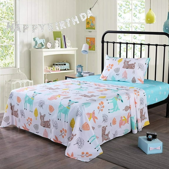 100% Cotton Deer Twin/Full Size Sheet Sets Kids for Girls  Flat Sheet, Fitted Sheet, Pillowcase, Breathable All Season Bed Set