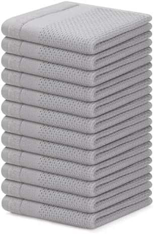 100% Cotton Dish Cloths, 12 Pack - 12 x 12 Inches, Waffle Weave Super Soft and Absorbent Dish Towels Quick Drying Dishcloths, Light Grey