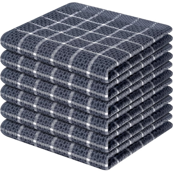 100% Cotton Dish Cloths, 6 Pack-12 X 12 Inches, Check Design Waffle Weave Dish Rags for Washing Dishes, Ultra Absorbent and Fast Drying Dishcloths, Grey