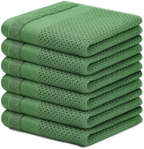 100% Cotton Dish Cloths, 6 Pack - 12 x 12 Inches, Waffle Weave Super Soft and Absorbent Dish Towels Quick Drying Dishcloths, Grass Green