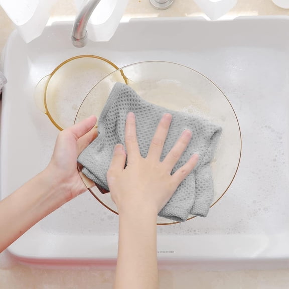 100% Cotton Dish Cloths for Washing Dishes, 4 Pack Waffle Weave Dish Towels,Super Soft Absorbent Cleaning Rags-light grey,13.38x13.38 Inch