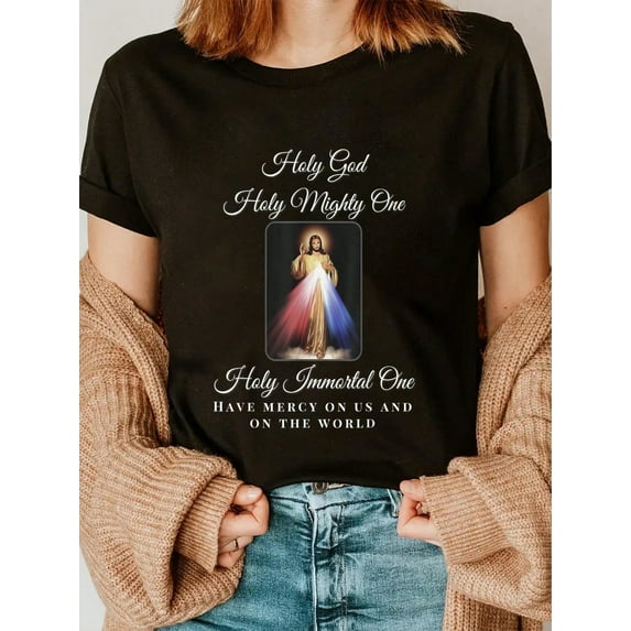 100% Cotton Divine Mercy Holy God Holy Mighty One Prayer Catholic T-Shirt