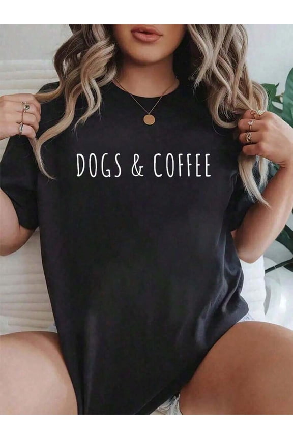 100% Cotton Dogs And Coffee Funny Dog Theme Tee - Texted By Coffee Lover Printed T-Shirt, Short-Sleeved Crew Neck Casual Top, Suitable For All Seasons-Unisex Women & Men's Streetwear
